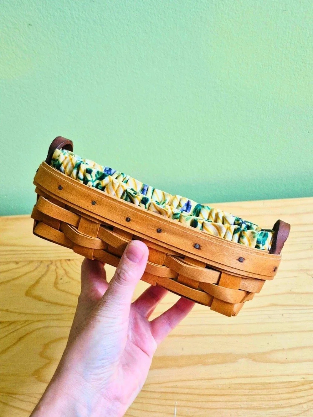 1996 Vintage Longaberger Cracker Basket with Leather Handles & Floral Liner